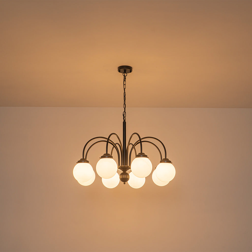 8-Light Black Globe Chandelier Milk Glass Shades Modern Dining Room