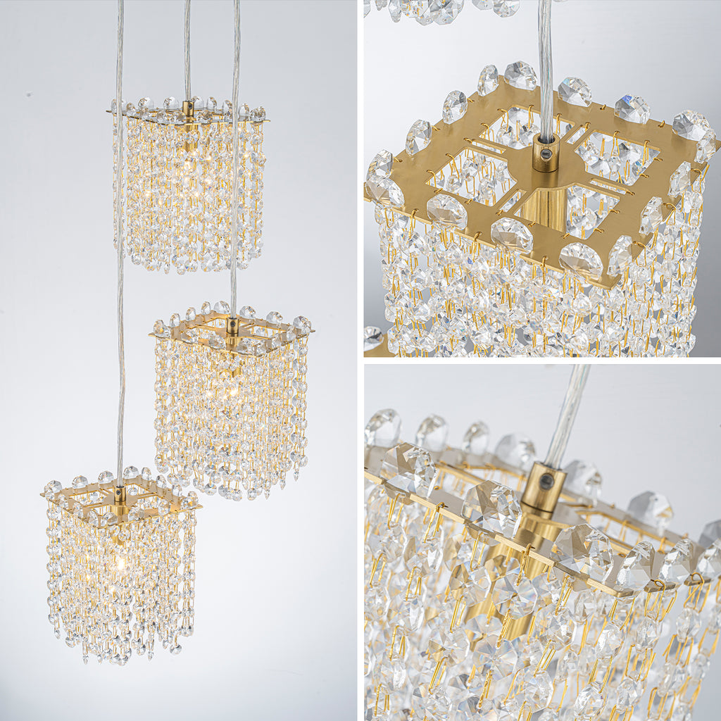 3-Light Modern Gold Pendant Light Crystal Hanging Chandelier Kitchen