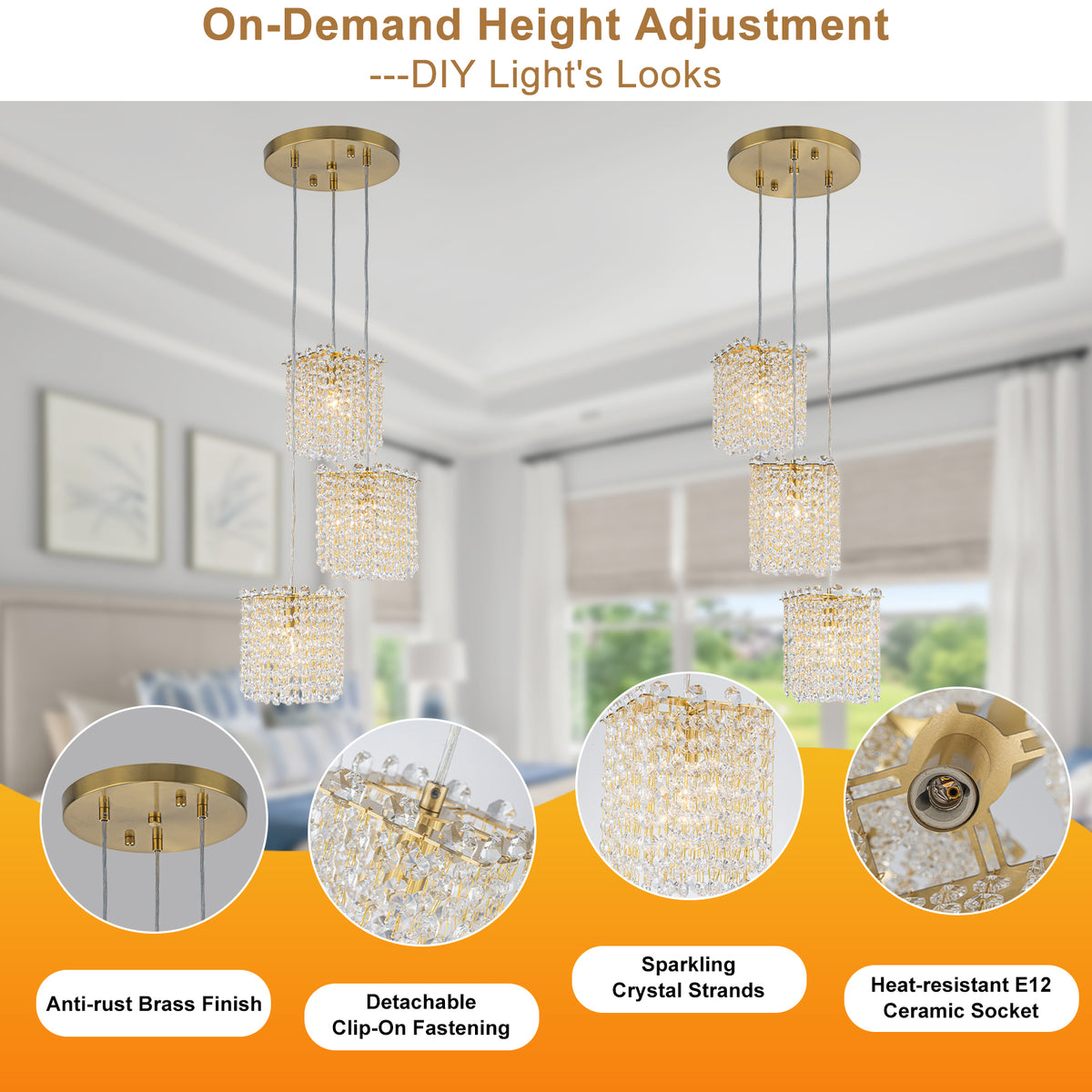 3-Light Modern Gold Pendant Light Crystal Hanging Chandelier Kitchen