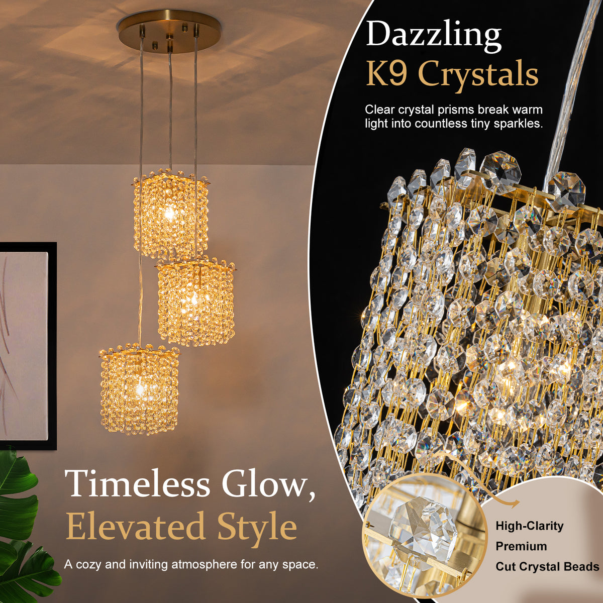 3-Light Modern Gold Pendant Light Crystal Hanging Chandelier Kitchen