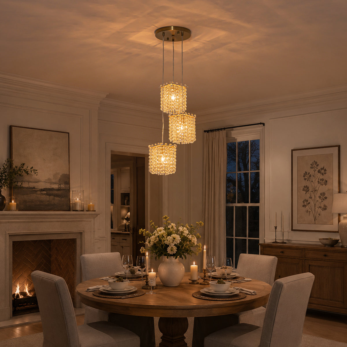 3-Light Modern Gold Pendant Light Crystal Hanging Chandelier Kitchen