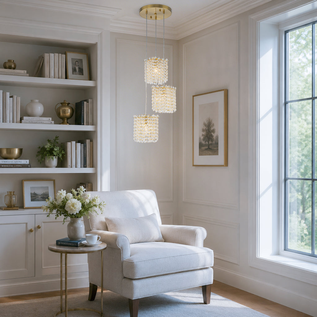 3-Light Modern Gold Pendant Light Crystal Hanging Chandelier Kitchen