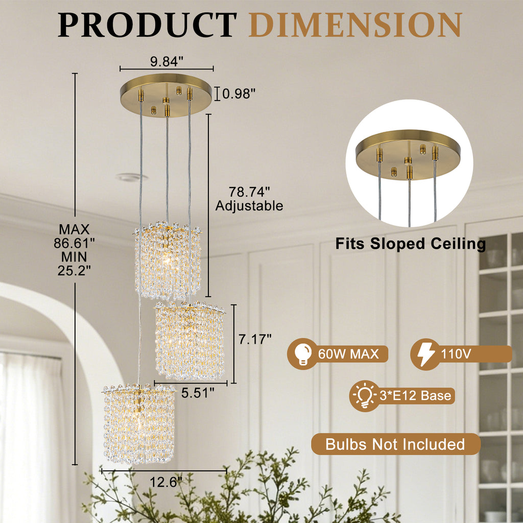 3-Light Modern Gold Pendant Light Crystal Hanging Chandelier Kitchen