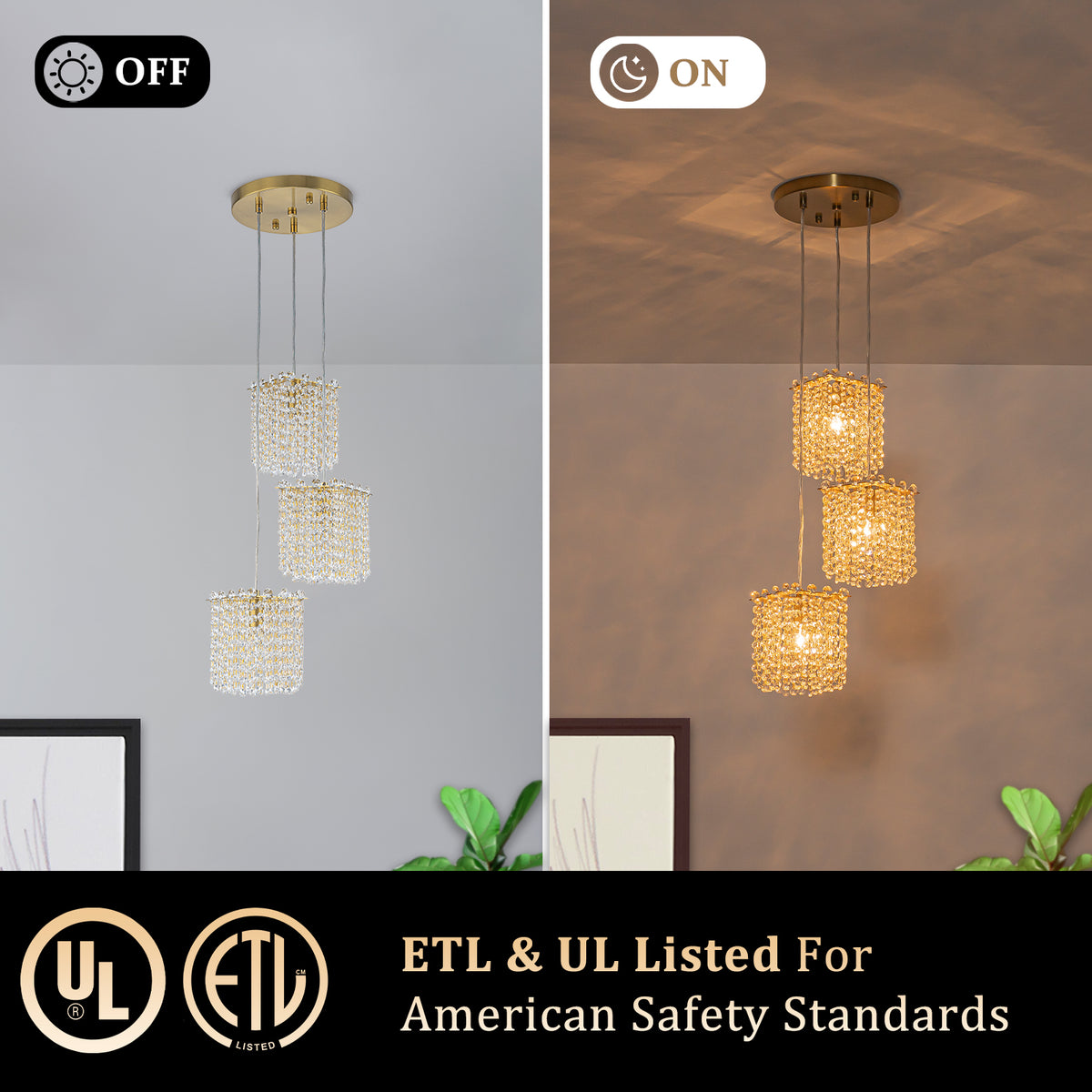 3-Light Modern Gold Pendant Light Crystal Hanging Chandelier Kitchen