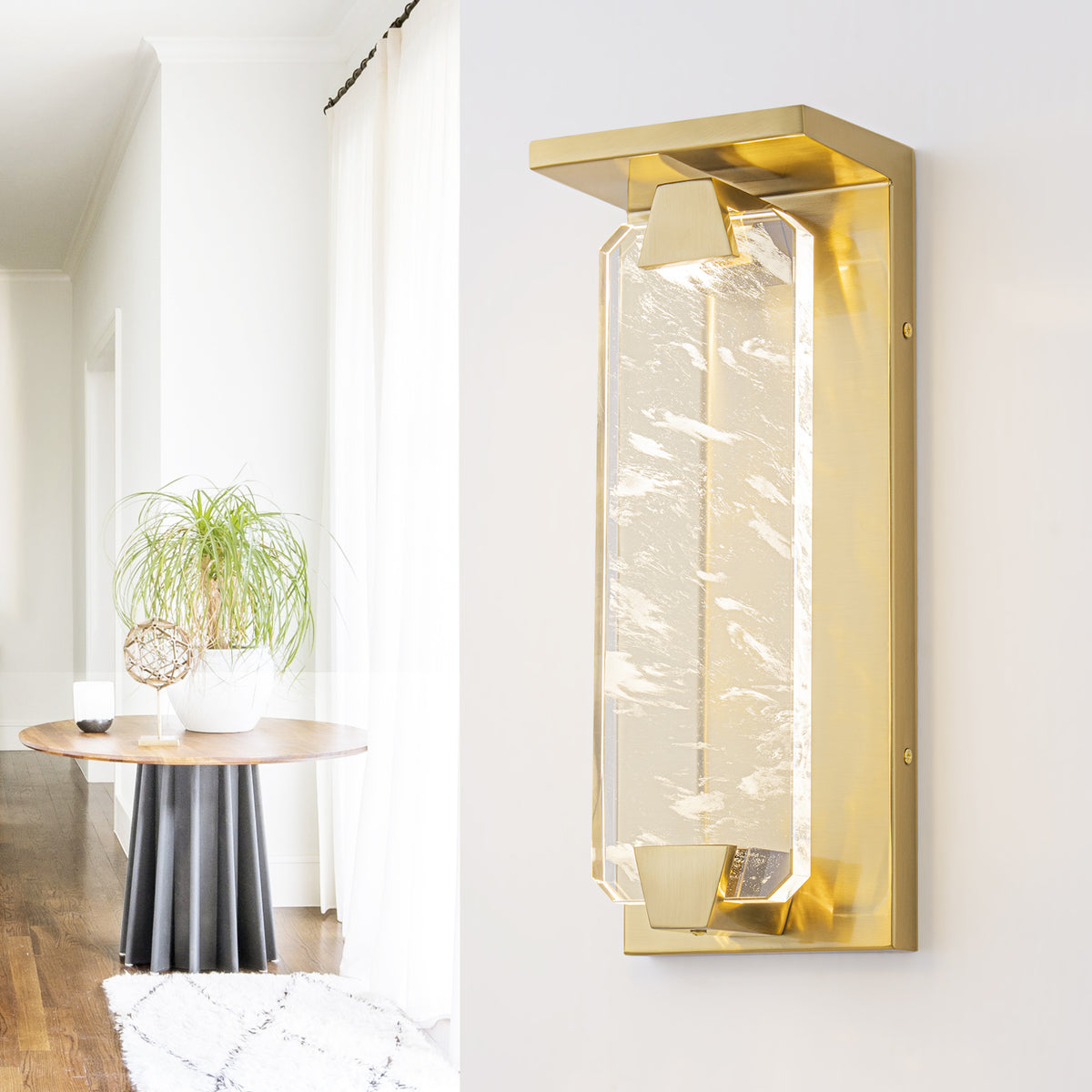 Brushed Gold LED Wall Sconce Hexagonal Clouded Glass Panel Dimmable - product image 3 | Zenvolit