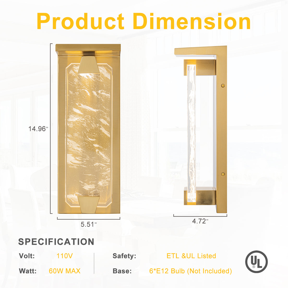 Brushed Gold LED Wall Sconce Hexagonal Clouded Glass Panel Dimmable - product image 5 | Zenvolit