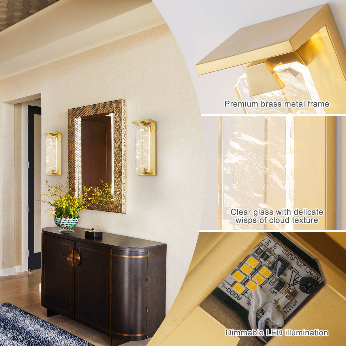 Brushed Gold LED Wall Sconce Hexagonal Clouded Glass Panel Dimmable - product image 7 | Zenvolit