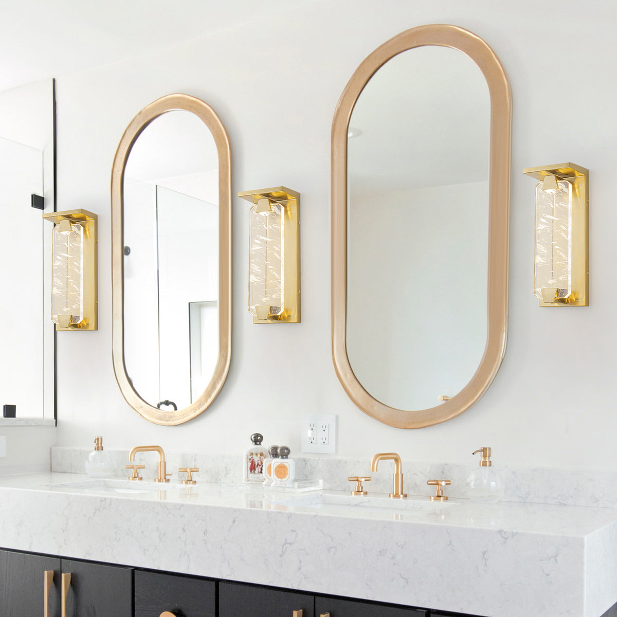 Brushed Gold LED Wall Sconce Hexagonal Clouded Glass Panel Dimmable - product image 9 | Zenvolit