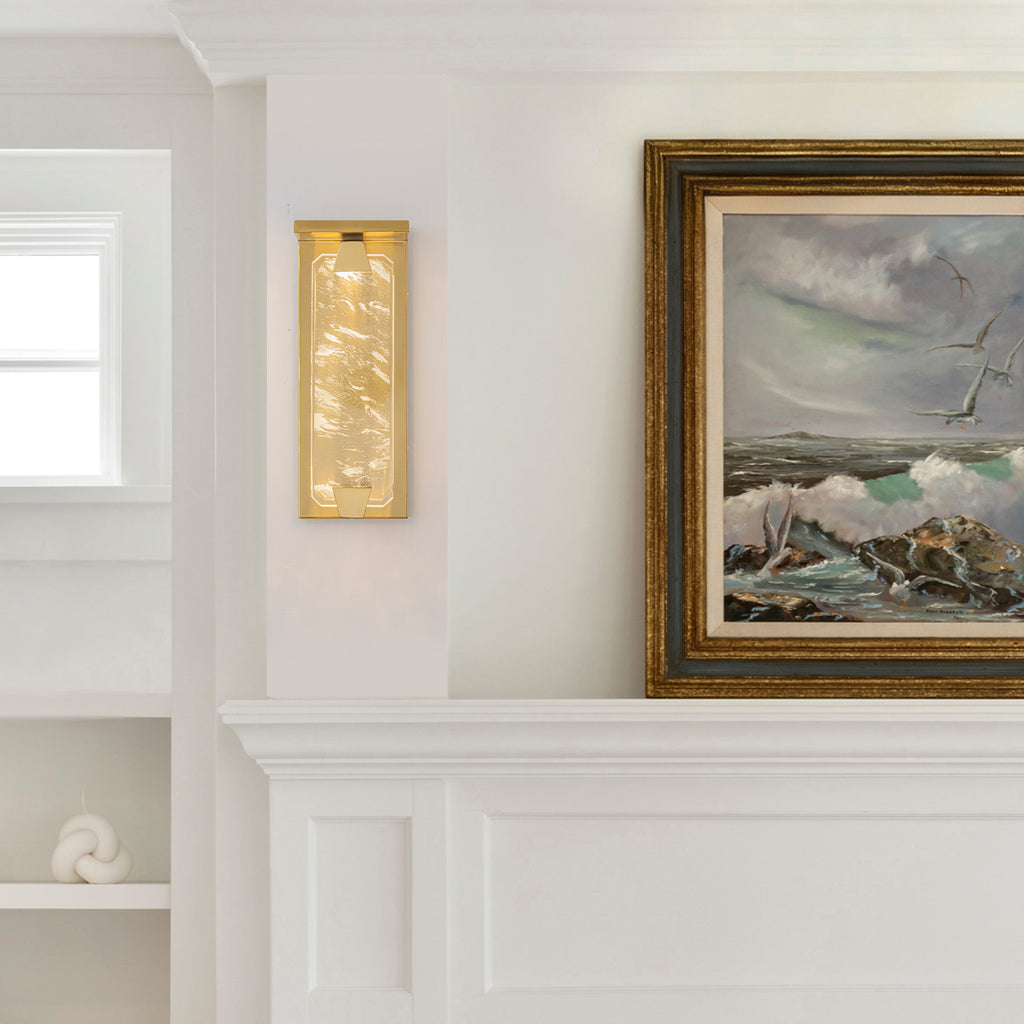 Brushed Gold LED Wall Sconce Hexagonal Clouded Glass Panel Dimmable - product image 10 | Zenvolit