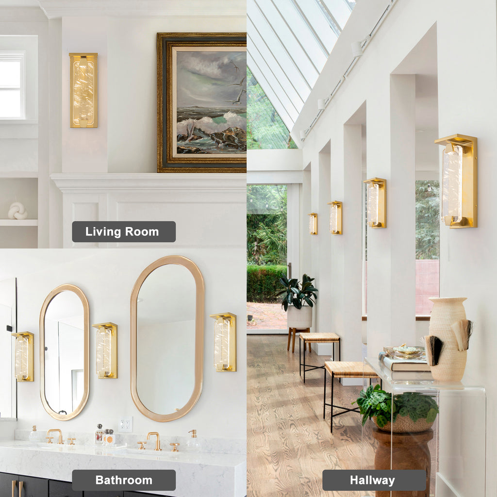 Brushed Gold LED Wall Sconce Hexagonal Clouded Glass Panel Dimmable - product image 12 | Zenvolit