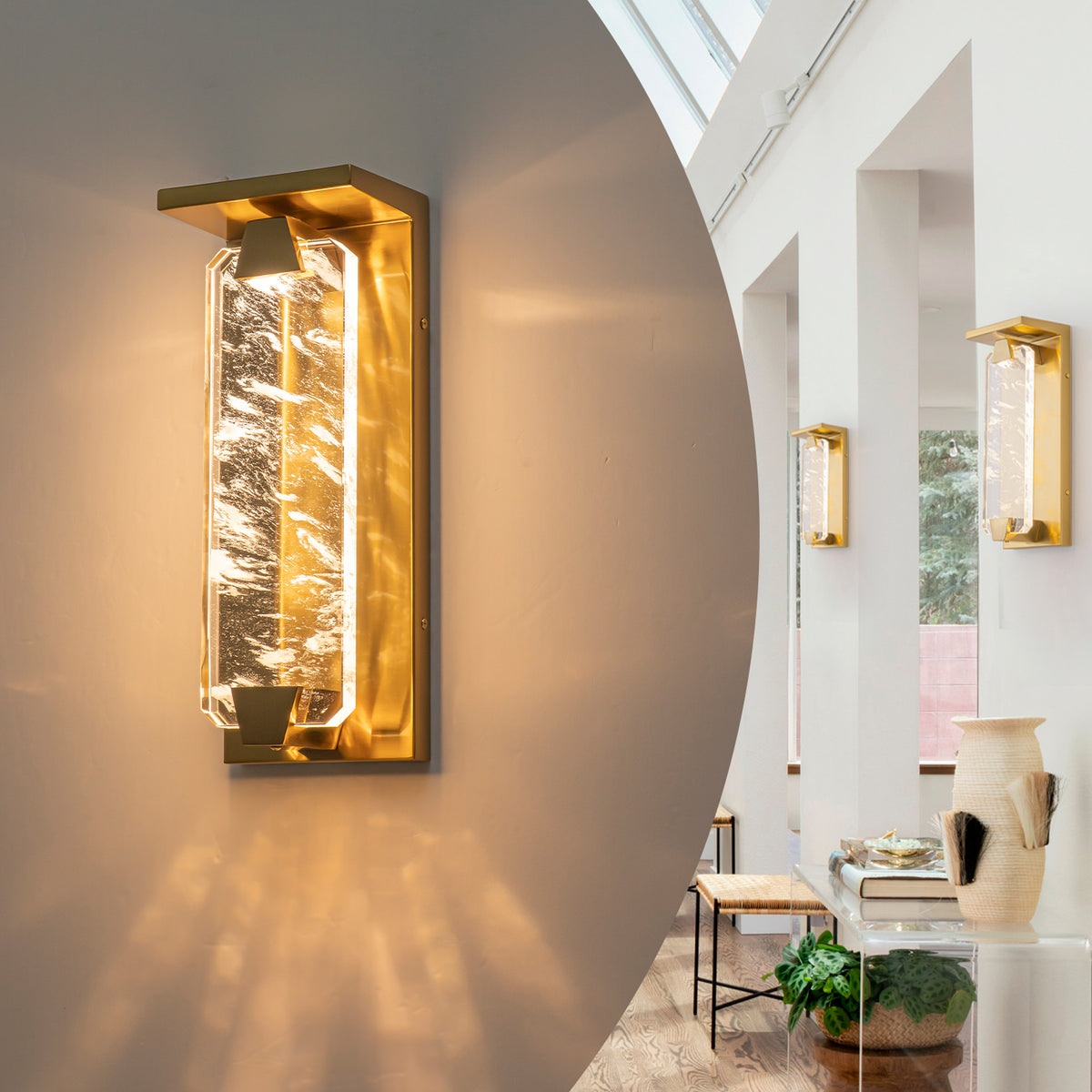 Brushed Gold LED Wall Sconce Hexagonal Clouded Glass Panel Dimmable - product image 13 | Zenvolit