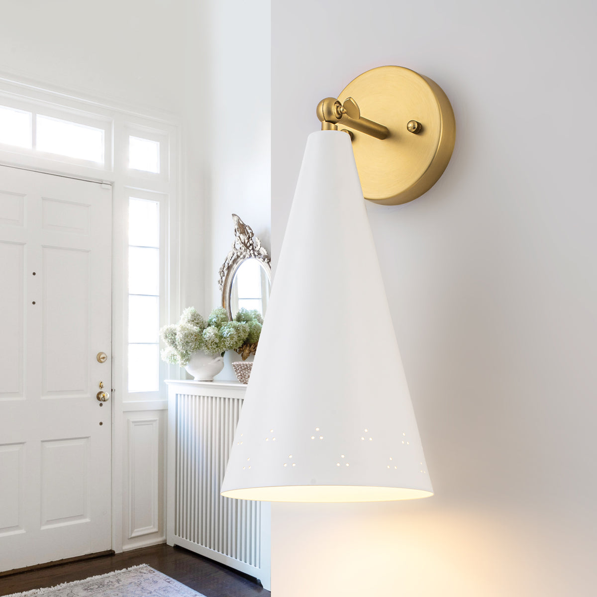 Modern Industrial Brushed Gold Wall Sconce with White Conical Shade - product image 3 | Zenvolit