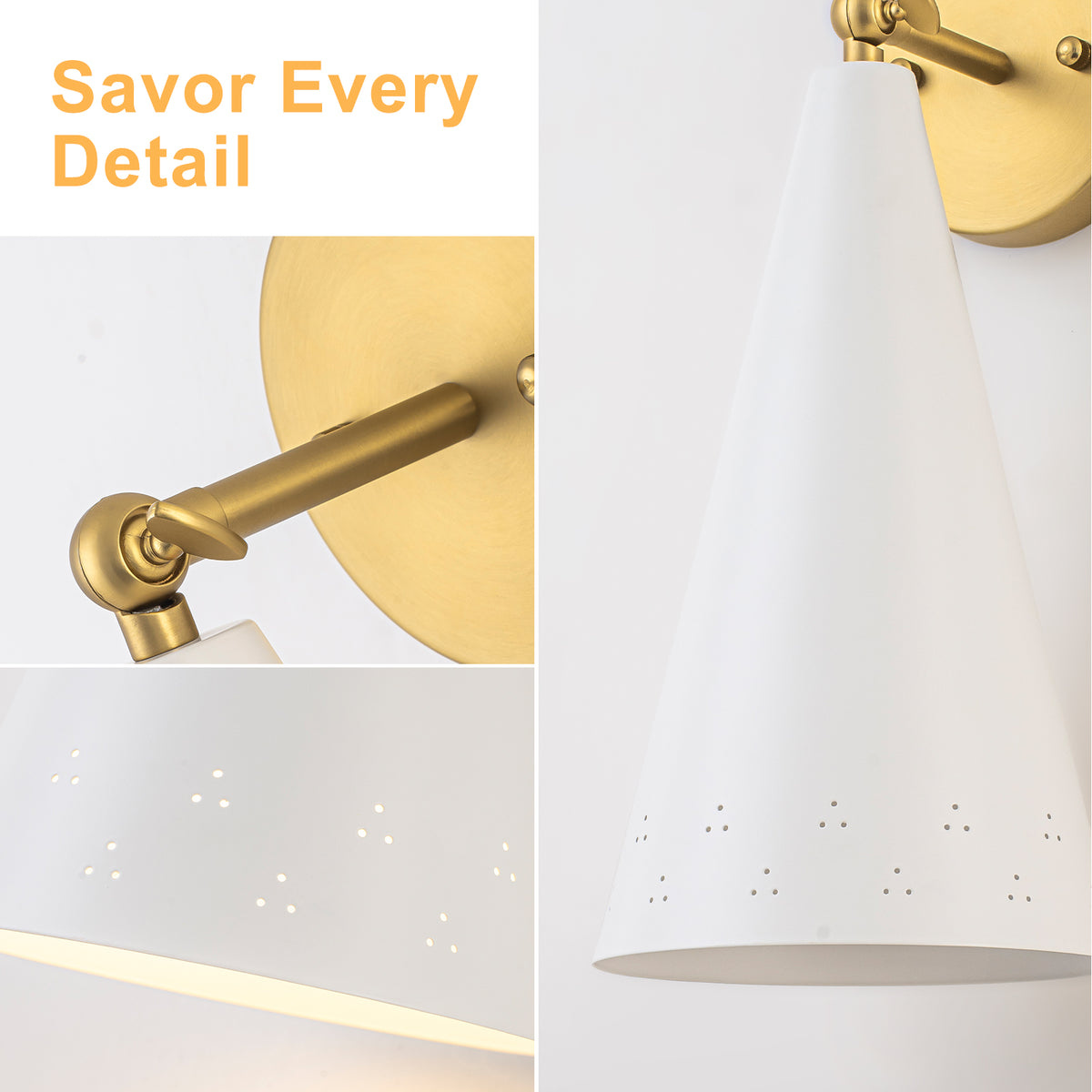 Modern Industrial Brushed Gold Wall Sconce with White Conical Shade - product image 4 | Zenvolit