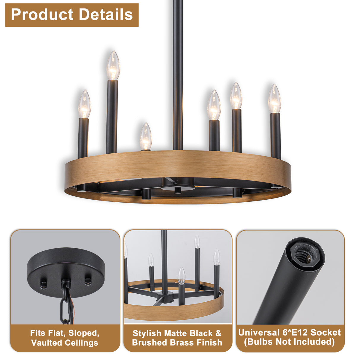 6 Light Black and Gold Metal Ring Chandelier Candle Pendant Light - product image 3 | Zenvolit