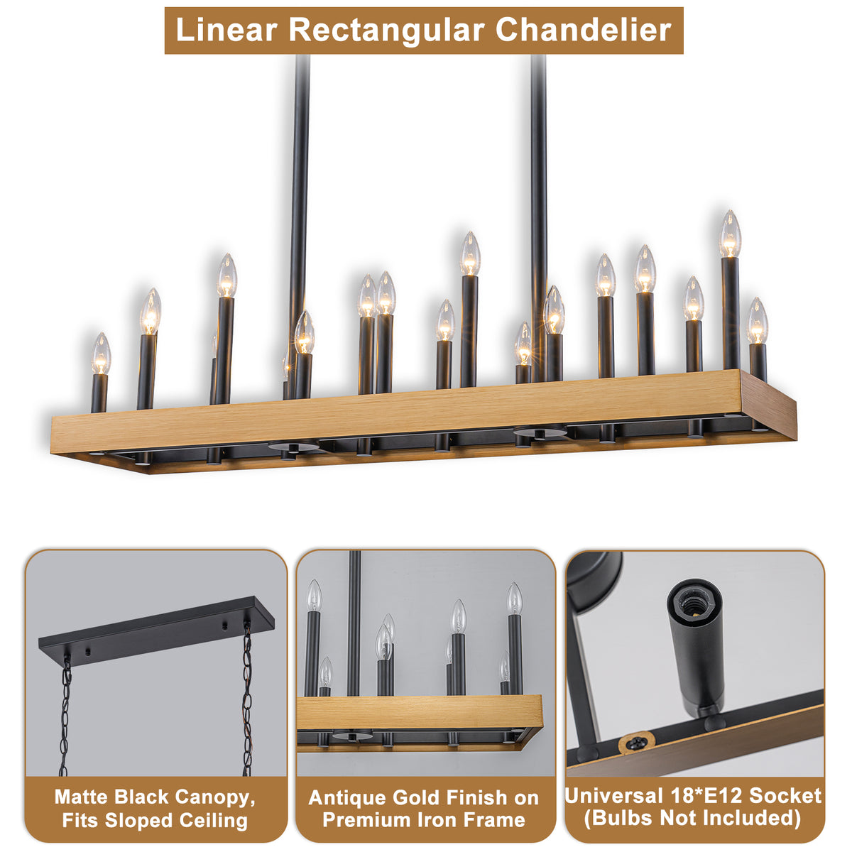 18-Light Linear Chandelier Farmhouse Candle Kitchen Island Light - product image 12 | Zenvolit
