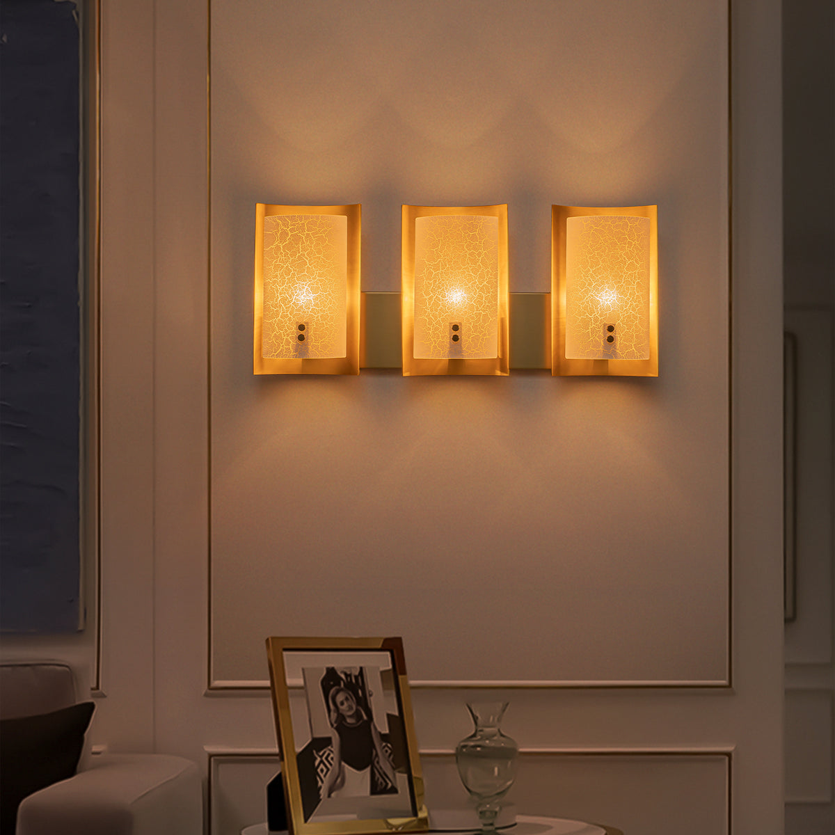 3-Light Modern Gold Wall Sconce Crackle Glass Shades Industrial - product image 3 | Zenvolit