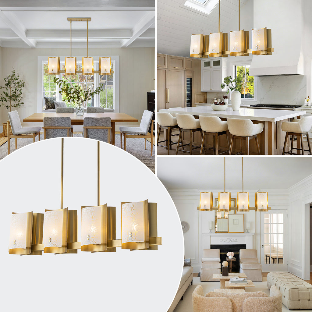 8-Light Gold Linear Chandelier Crackle Glass Pendant Light Kitchen - product image 6 | Zenvolit
