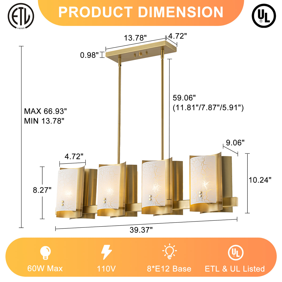 8-Light Gold Linear Chandelier Crackle Glass Pendant Light Kitchen - product image 7 | Zenvolit