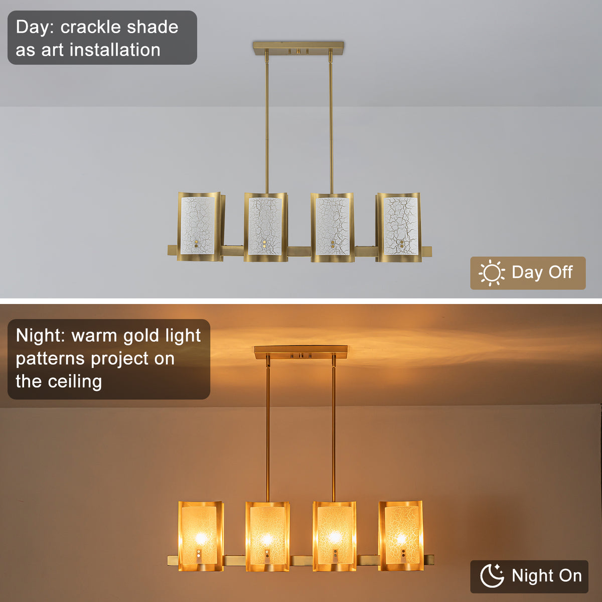 8-Light Gold Linear Chandelier Crackle Glass Pendant Light Kitchen - product image 8 | Zenvolit