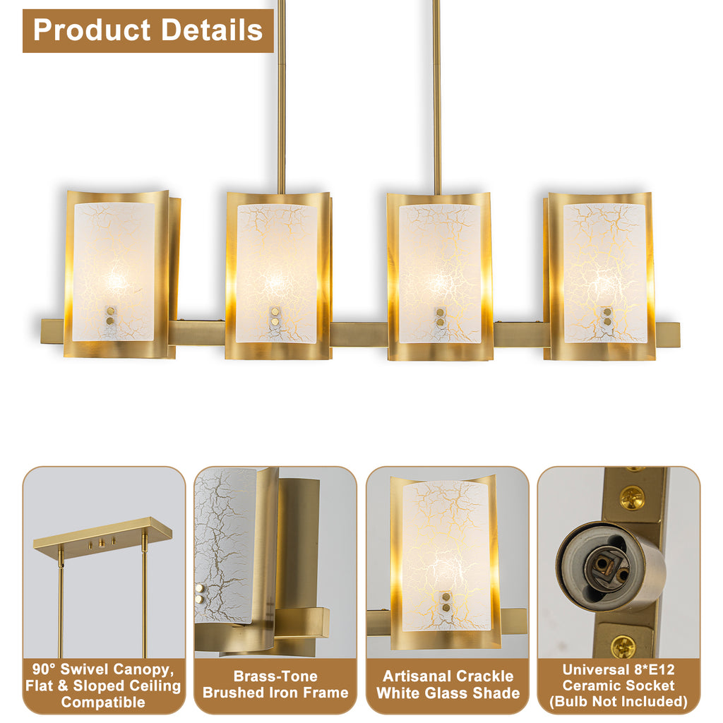 8-Light Gold Linear Chandelier Crackle Glass Pendant Light Kitchen - product image 12 | Zenvolit