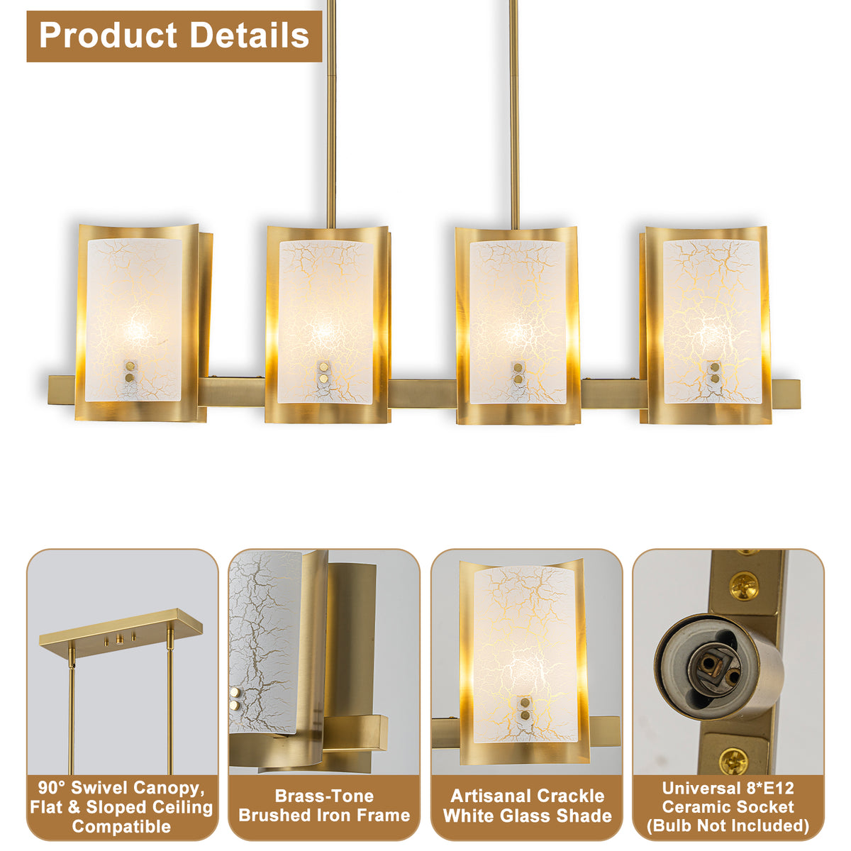 8-Light Gold Linear Chandelier Crackle Glass Pendant Light Kitchen - product image 12 | Zenvolit