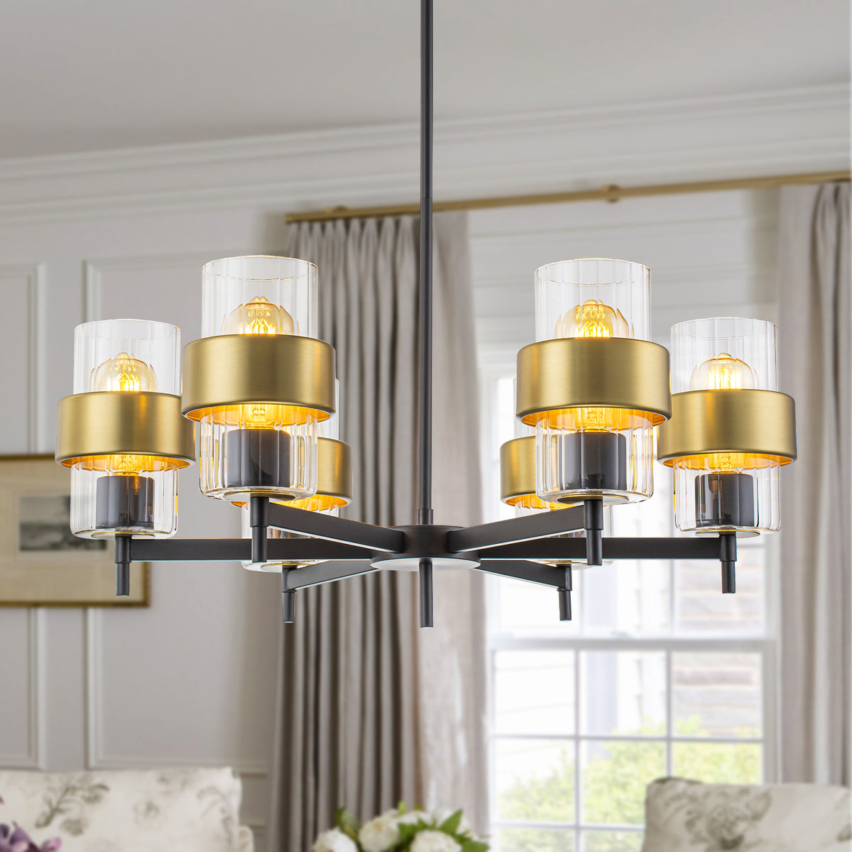 6-Light Modern Chandelier Ribbed Cylinder Glass Black & Gold Rings - product image 1 | Zenvolit