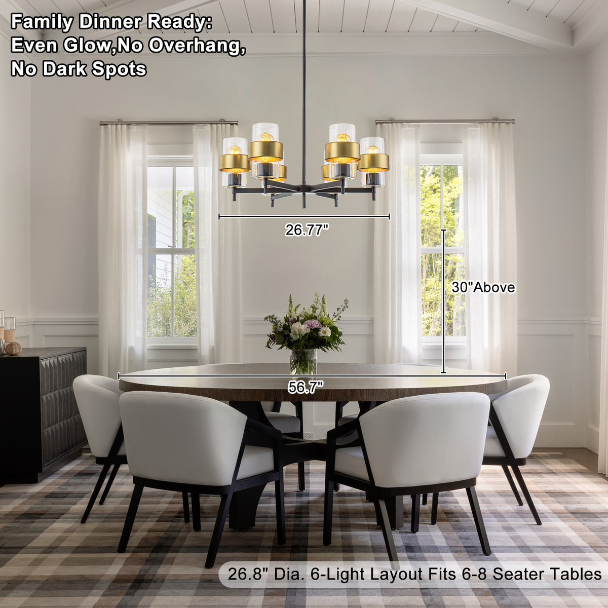 6-Light Modern Chandelier Ribbed Cylinder Glass Black & Gold Rings - product image 2 | Zenvolit