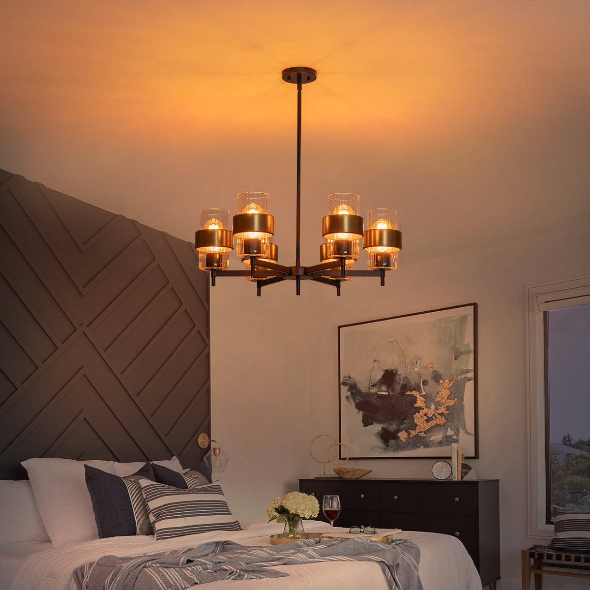 6-Light Modern Chandelier Ribbed Cylinder Glass Black & Gold Rings - product image 4 | Zenvolit