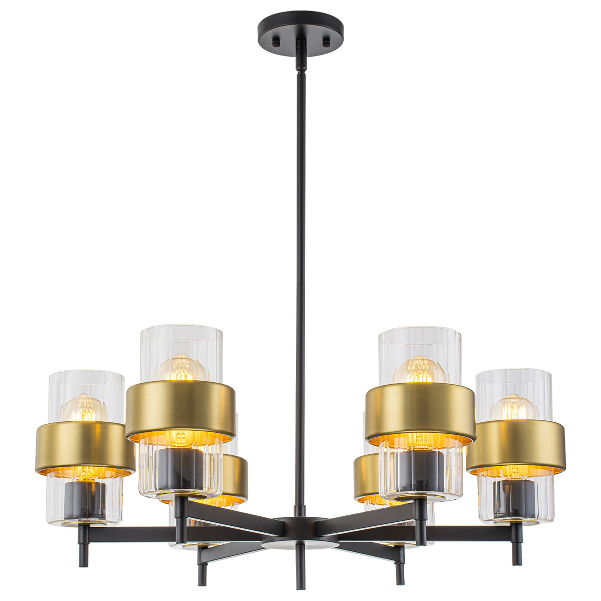 6-Light Modern Chandelier Ribbed Cylinder Glass Black & Gold Rings - product image 14 | Zenvolit