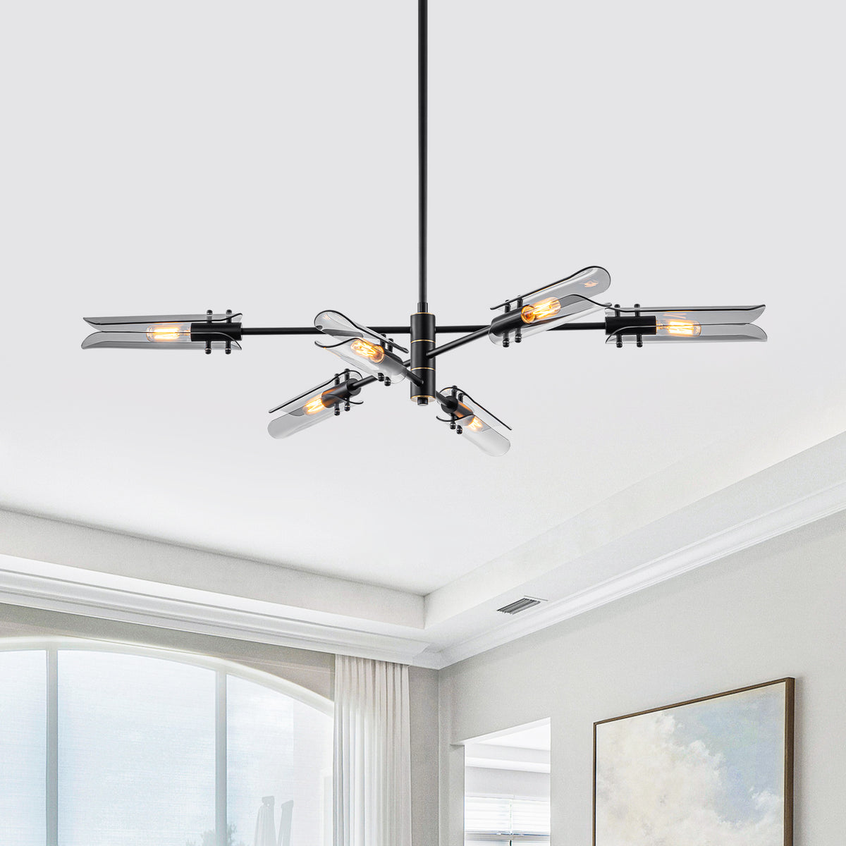 6-Light Modern Branch Chandelier 2-in-1 Curved Smoke Glass Panels - product image 2 | Zenvolit