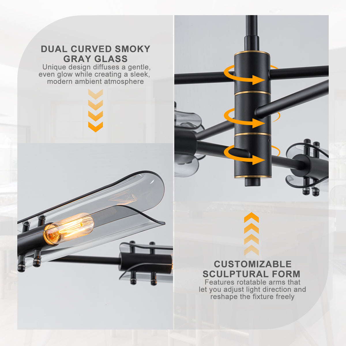 6-Light Modern Branch Chandelier 2-in-1 Curved Smoke Glass Panels - product image 5 | Zenvolit