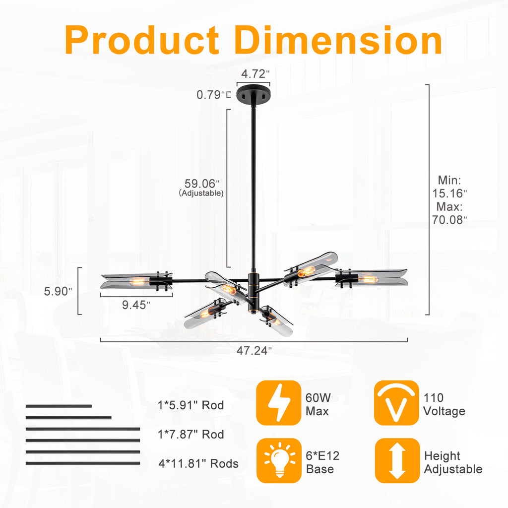 6-Light Modern Branch Chandelier 2-in-1 Curved Smoke Glass Panels - product image 6 | Zenvolit