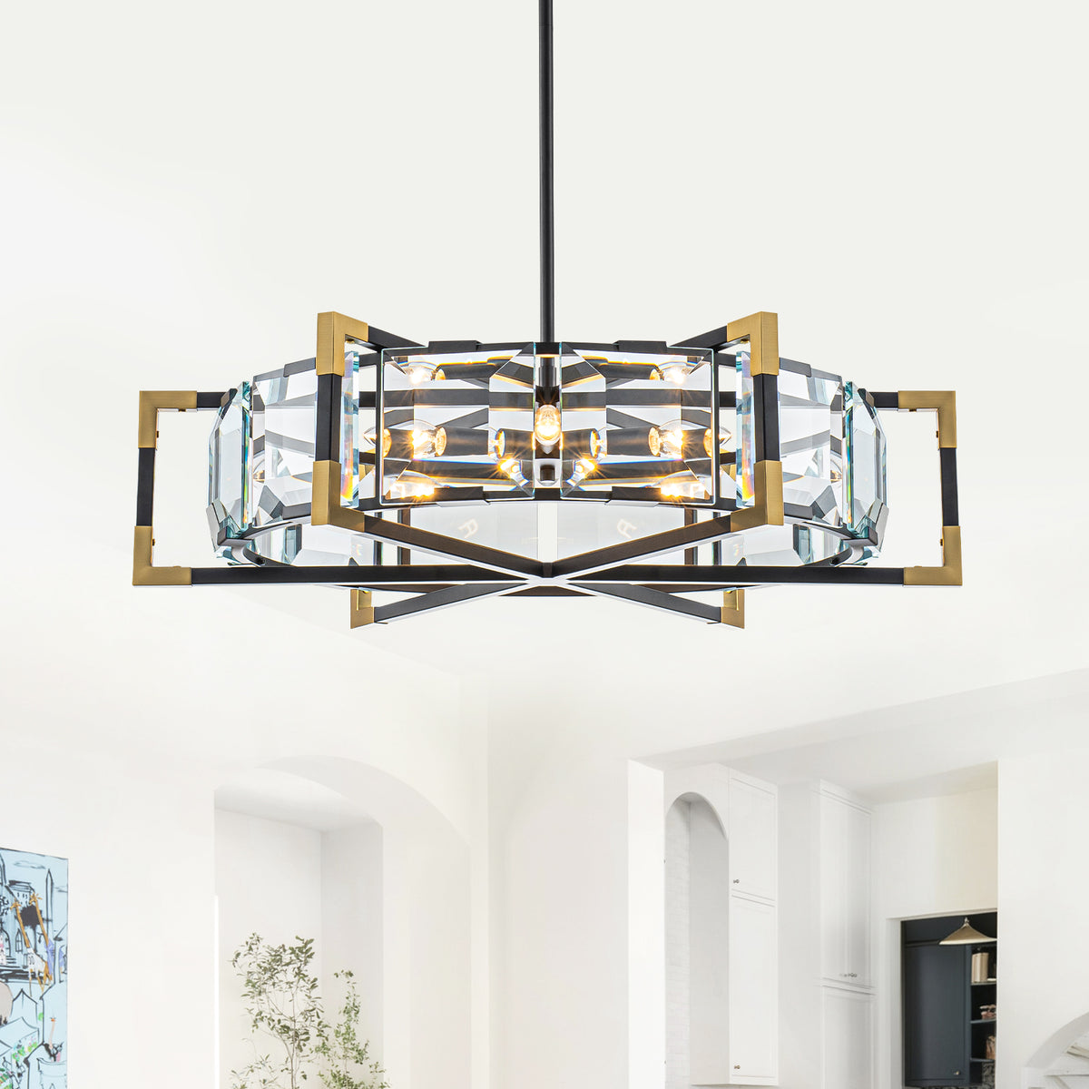 6-Light Modern Chandelier Crystal Round Frame, Black & Gold Frame - product image 2 | Zenvolit