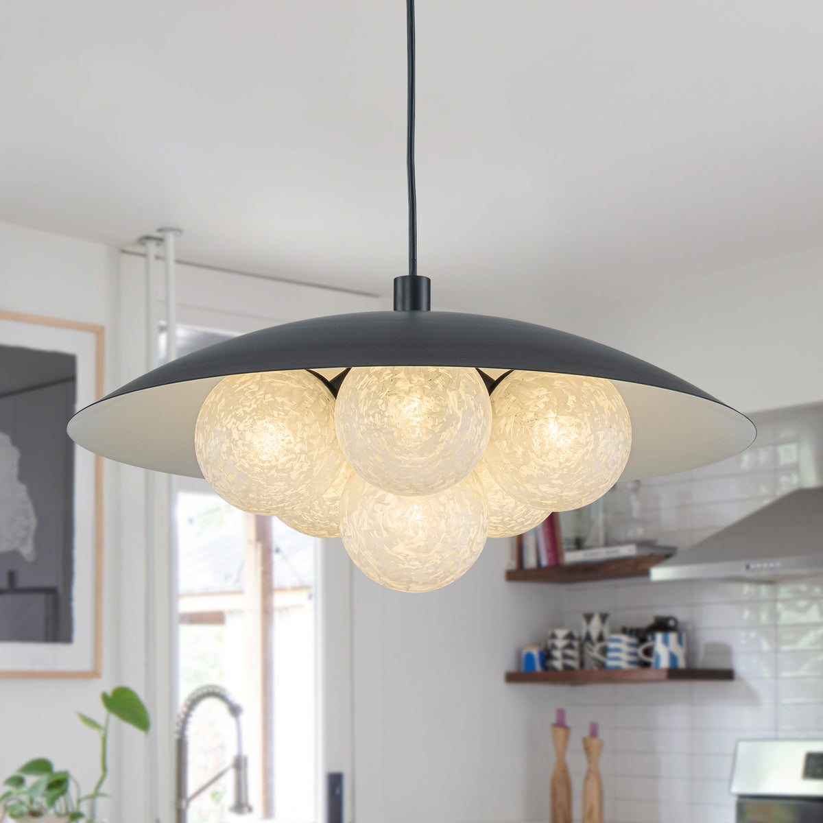 6-Light Modern Pendant Light with UFO Metal Shade Crackle Glass Globes - product image 1 | Zenvolit