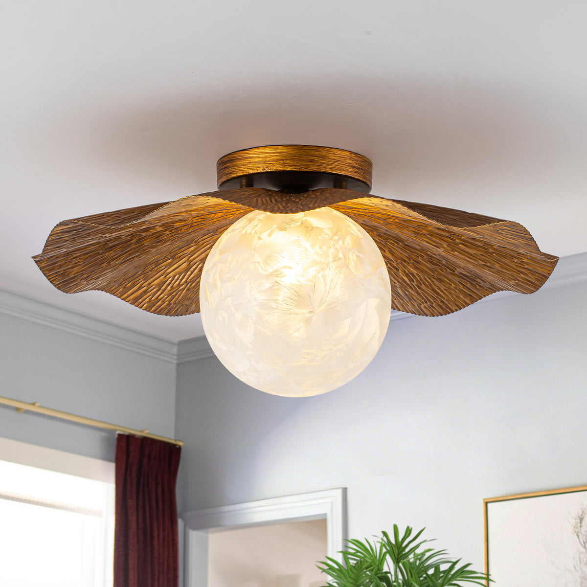 Rustic Flush Mount Ceiling Light Ice-Flower Glass Globe Antique Bronze - product image 1 | Zenvolit