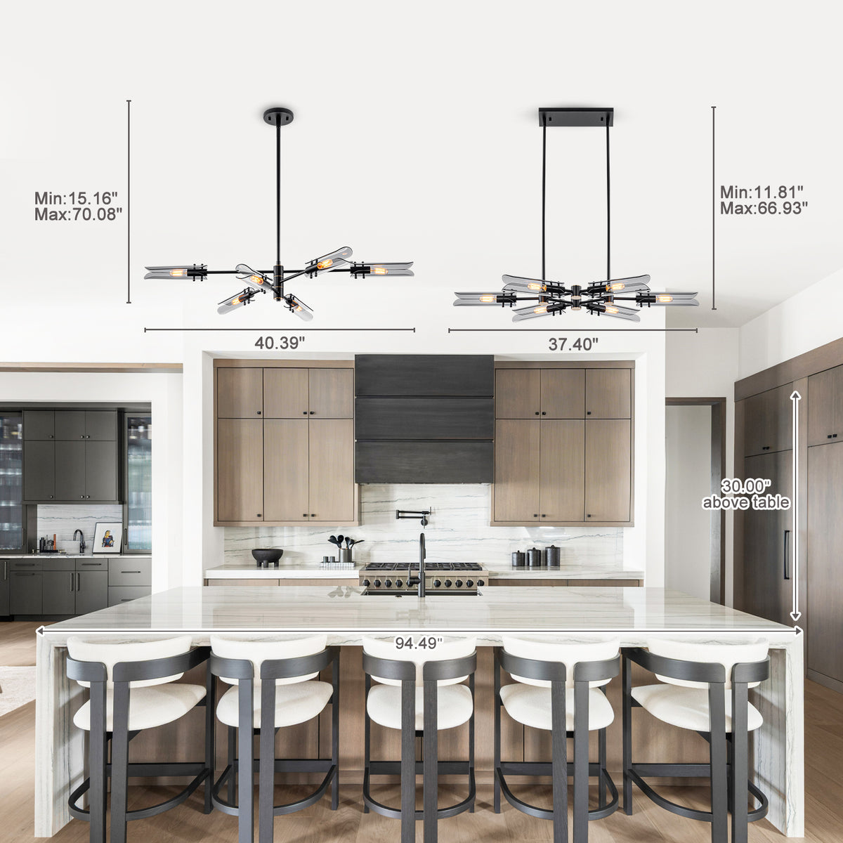 6-Light Modern Matte Black Metal Chandelier Smoke Glass Shades - product image 2 | Zenvolit