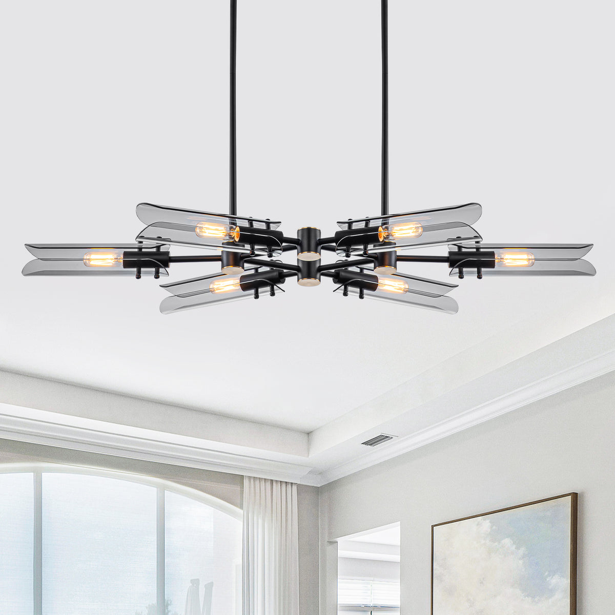 6-Light Modern Matte Black Metal Chandelier Smoke Glass Shades - product image 4 | Zenvolit
