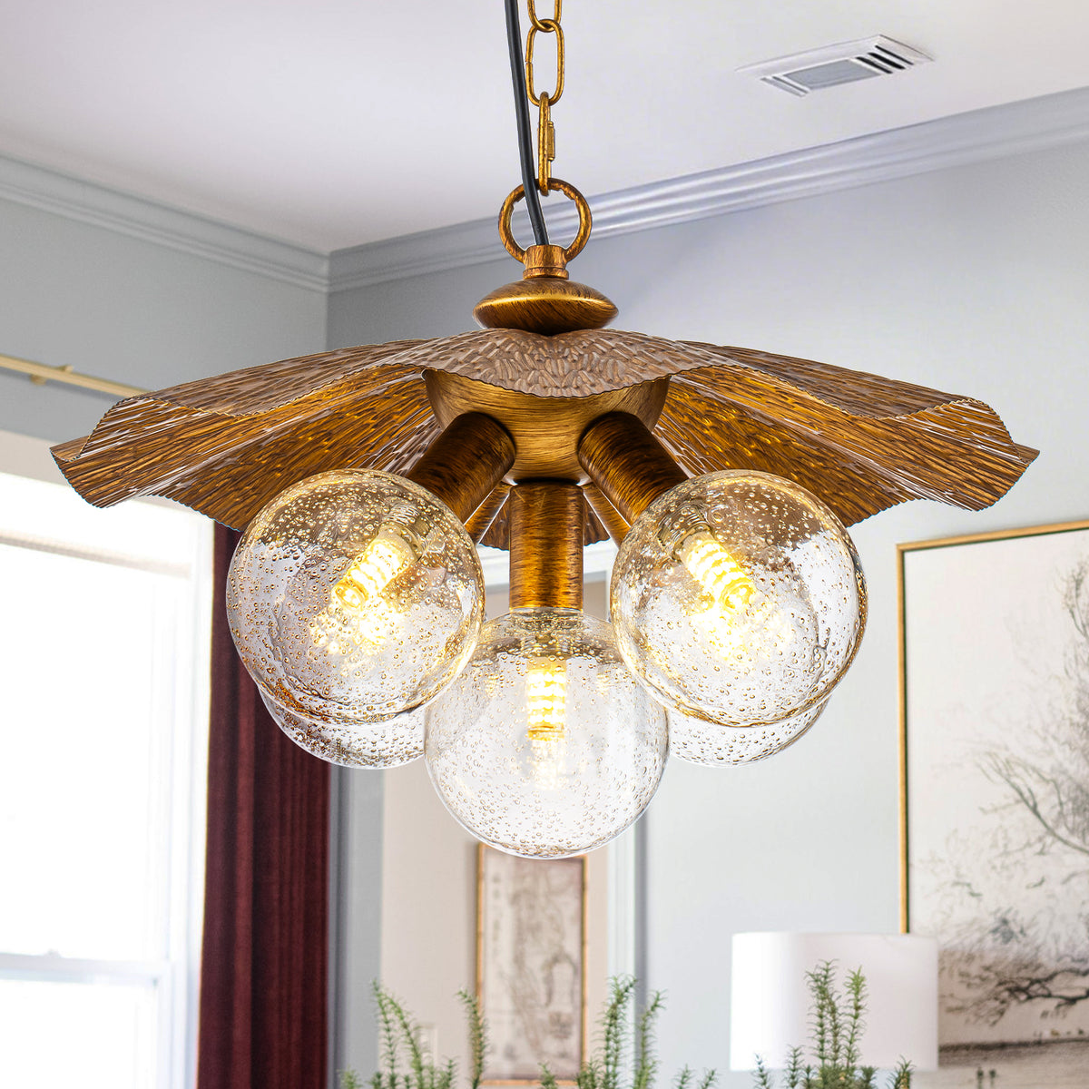 5-Light Antique Gold Pendant Light with Metal Shade Seeded Glass Globe - product image 1 | Zenvolit