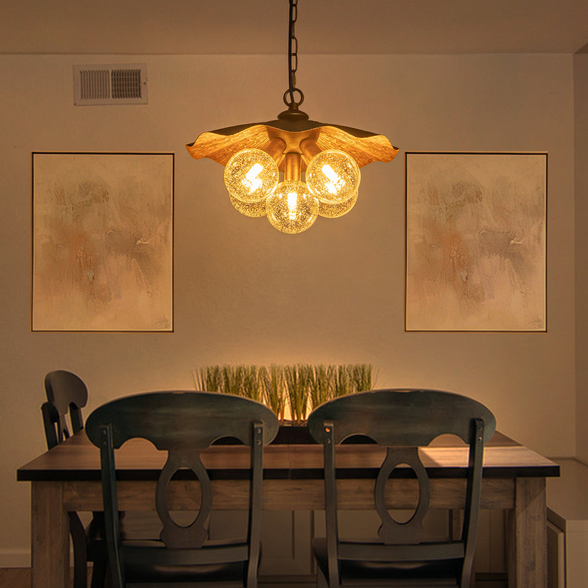 5-Light Antique Gold Pendant Light with Metal Shade Seeded Glass Globe - product image 3 | Zenvolit
