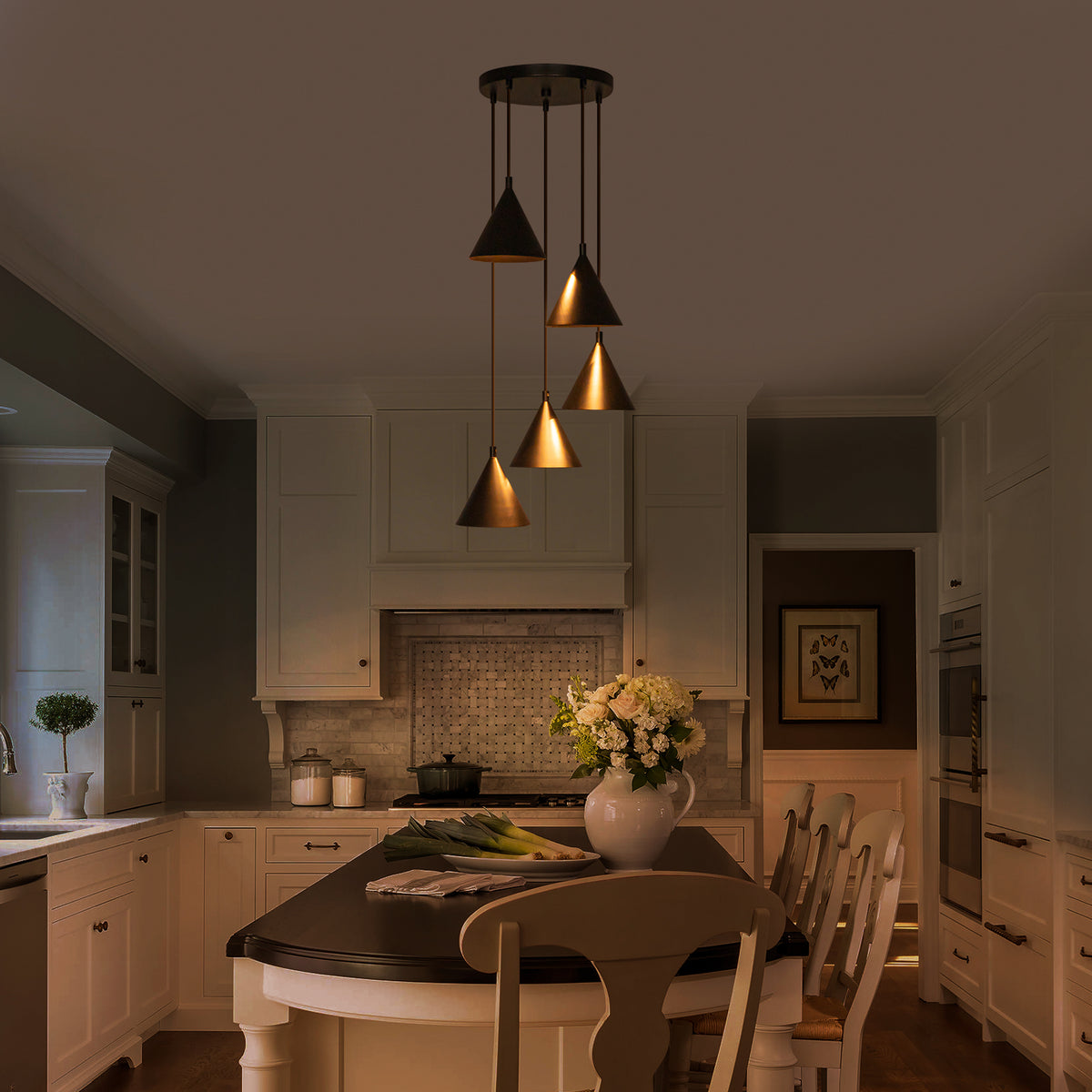 5-Light Industrial Matte Black Pendant Light Cone Iron Shades Kitchen