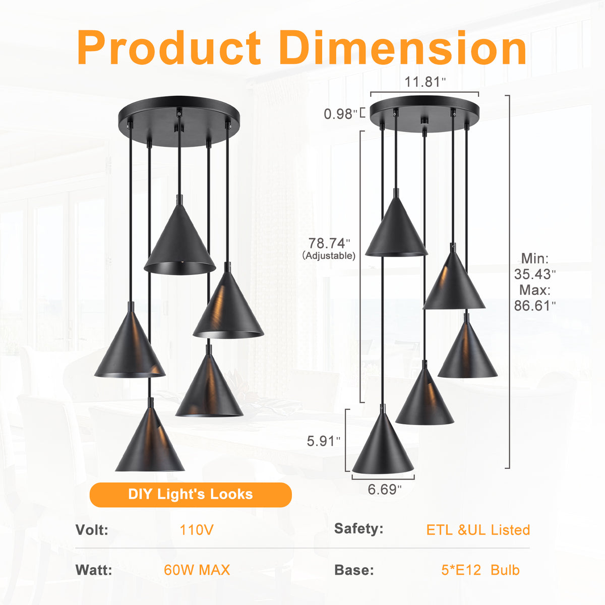 5-Light Industrial Matte Black Pendant Light Cone Iron Shades Kitchen