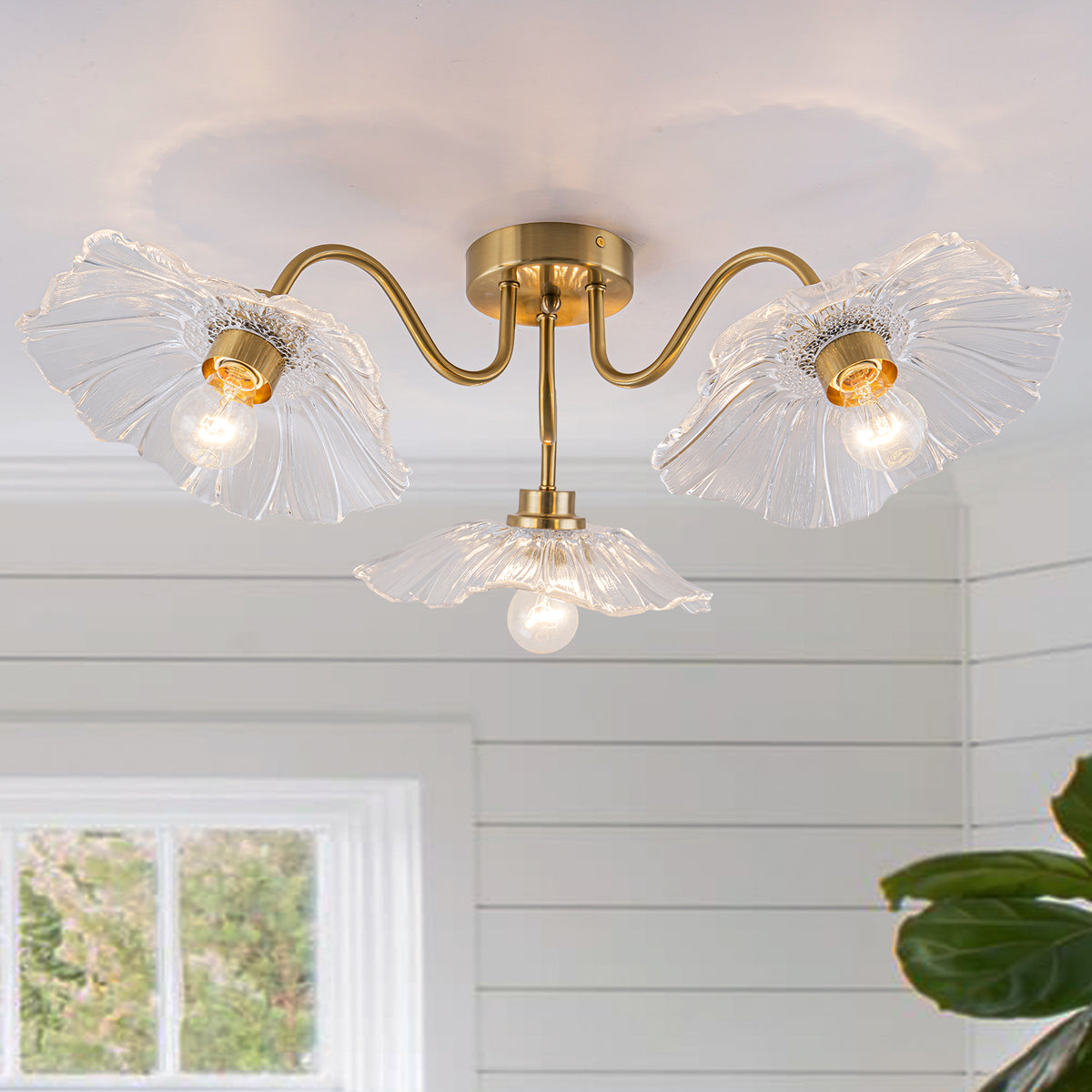 3-Light Vintage Gold Semi-Flush Mount Ceiling Light Clear Glass Shade - product image 1 | Zenvolit