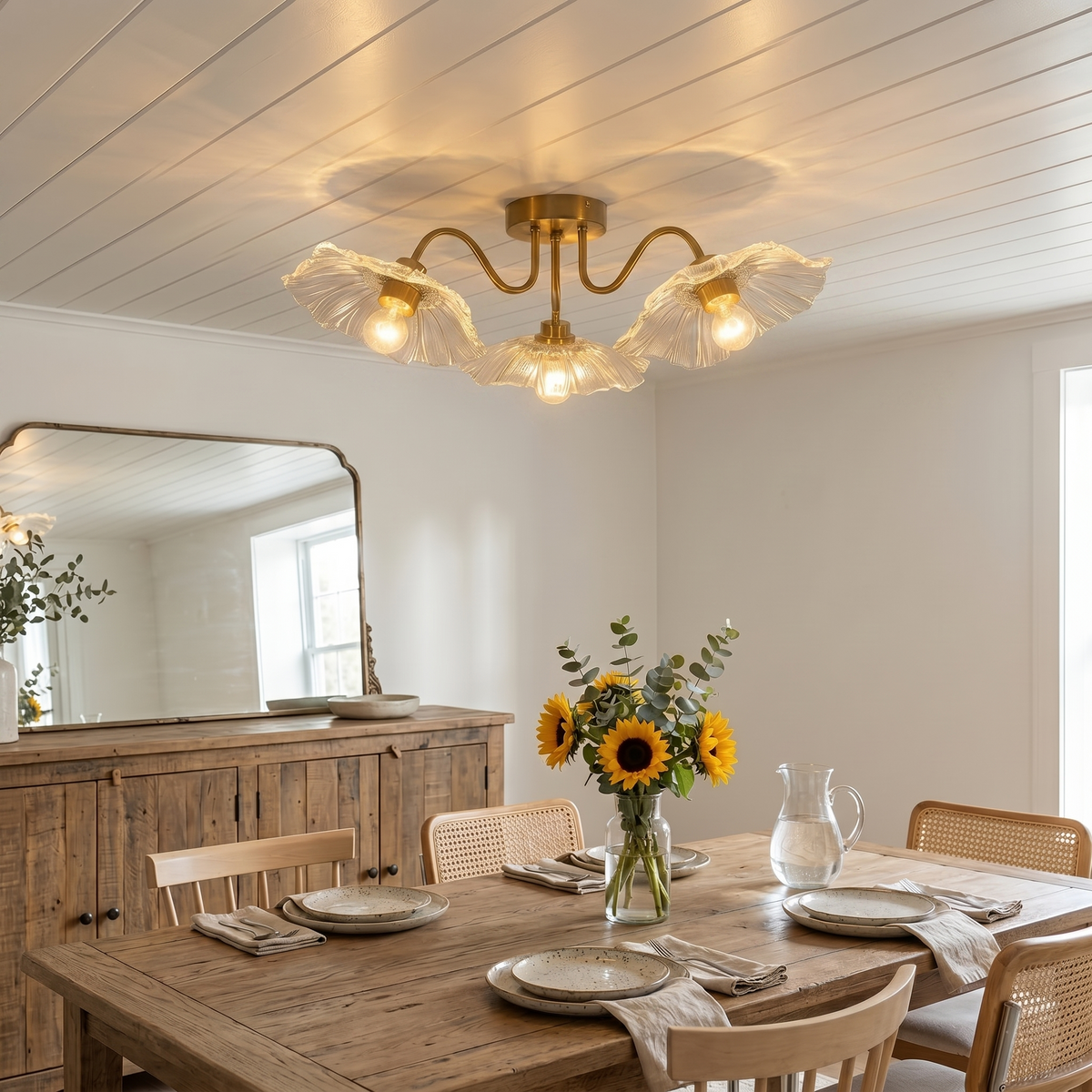 3-Light Vintage Gold Semi-Flush Mount Ceiling Light Clear Glass Shade - product image 2 | Zenvolit