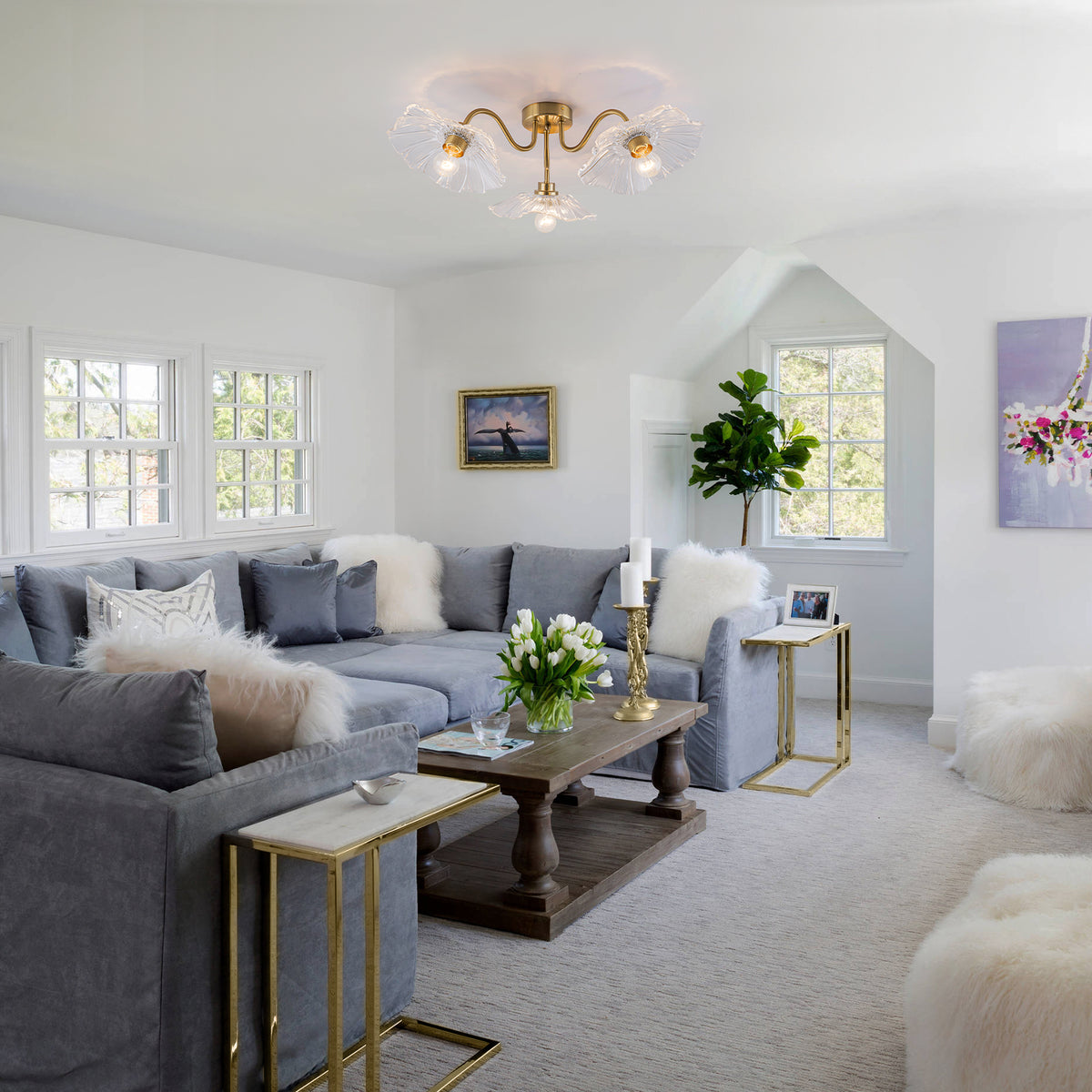 3-Light Vintage Gold Semi-Flush Mount Ceiling Light Clear Glass Shade - product image 3 | Zenvolit
