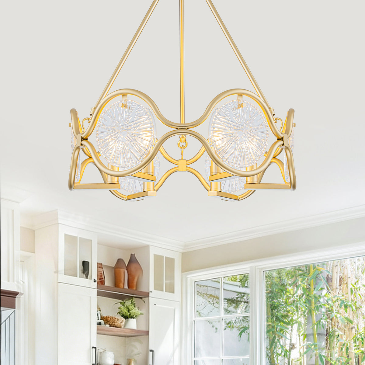 6-Light Vintage Chandelier Etched Round Glass Panels Gold Metal Frame - product image 2 | Zenvolit