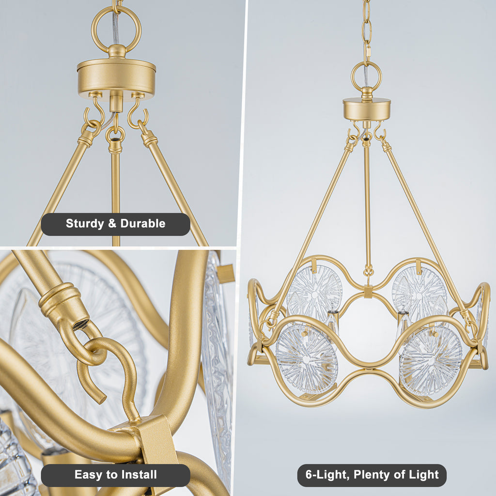 6-Light Vintage Chandelier Etched Round Glass Panels Gold Metal Frame - product image 3 | Zenvolit