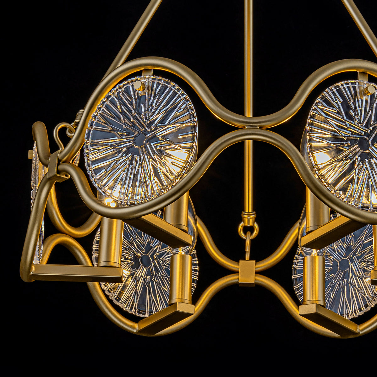 6-Light Vintage Chandelier Etched Round Glass Panels Gold Metal Frame - product image 4 | Zenvolit