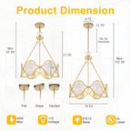 6-Light Vintage Chandelier Etched Round Glass Panels Gold Metal Frame - product image 7 | Zenvolit