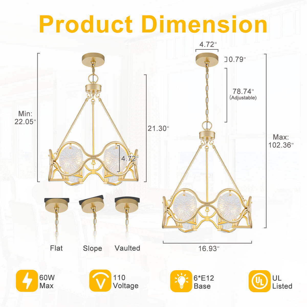 6-Light Vintage Chandelier Etched Round Glass Panels Gold Metal Frame - product image 7 | Zenvolit