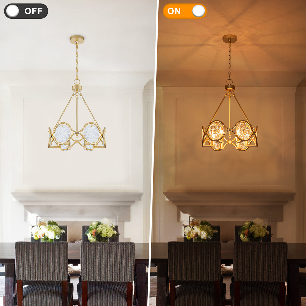 6-Light Vintage Chandelier Etched Round Glass Panels Gold Metal Frame - product image 8 | Zenvolit